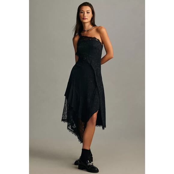 NWT Anthropologie Asymmetrical Lace Maxi Dress $198 SIZE 14P Black ONE SHOULDER - Picture 1 of 5
